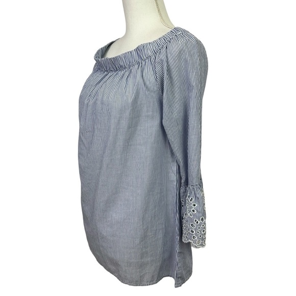 beachlunchlounge Women’s Top Sz Small Blue/White Stripe Boho Ruffle Sleeve - Picture 3 of 11